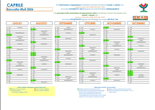 Calendario raccolta rifiuti luglio-dicembre 2026